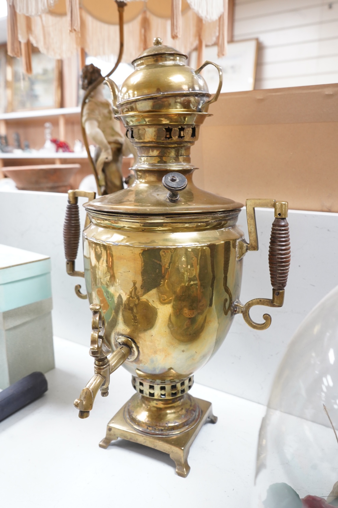 A Turkish brass samovar, a brass tray and a Middle Eastern coffee pot, largest 57cm high